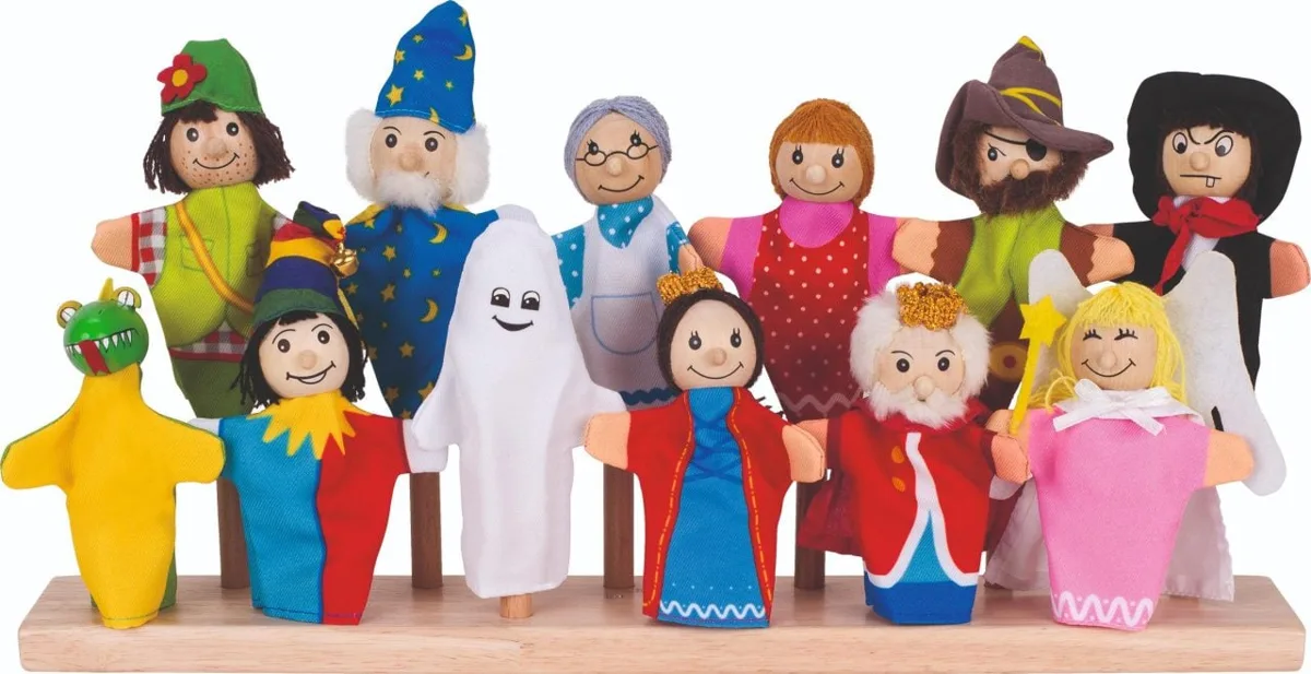 Goki SO401 finger puppets assortment set 2 showing all 12 characters on a wooden stand, including king, princess, wizard, ghost, pirate and fairy