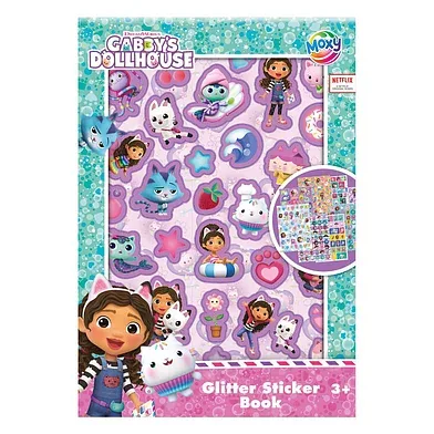 The Moxy Gabby's Dollhouse Glitter Sticker Booklet, showing the A5 book containing eight sheets of sparkly stickers of Gabby and all the cat characters.