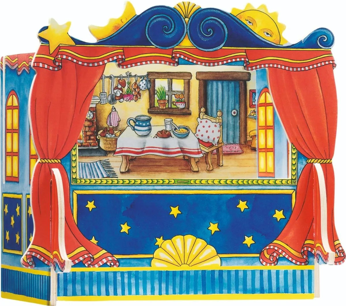 The Goki Finger-Puppet Theatre, a colourful tabletop stage with red curtains and a changeable backdrop showing a cosy room.