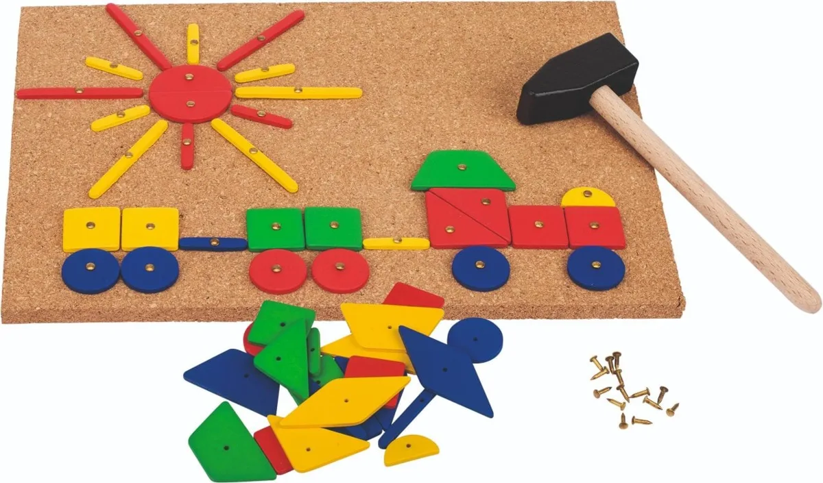 Goki XXL Hammer & Nail Game 102-piece set with wooden hammer, metal tacks, geometric shapes in red yellow blue green, cork board and pattern examples