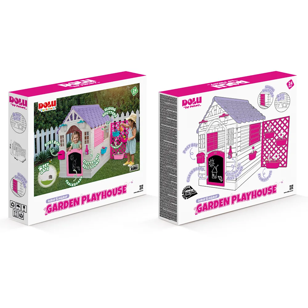Dolu Garden Playhouse box packaging showing front and back with feature callouts including chalkboard, electronic bell, sliding shutters, post box and trellis fence panel