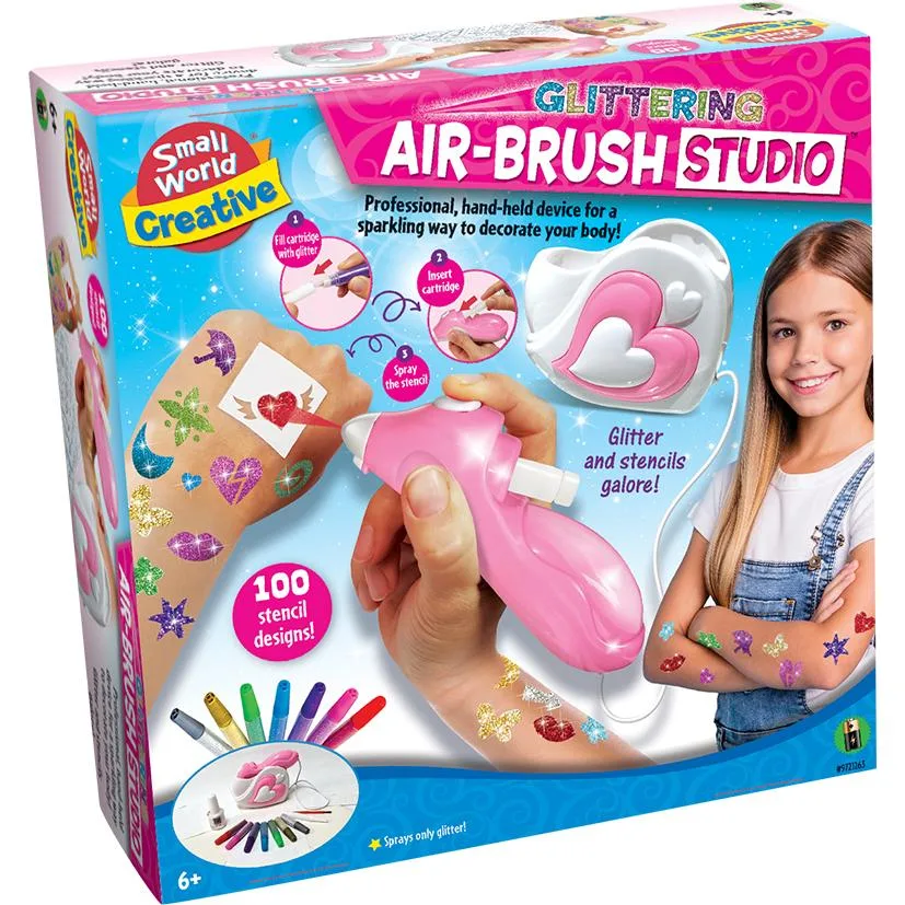 The box for the Small World Creative Glittering Air Brush Studio, showing the pink airbrush device, stencils, and a model with sparkling glitter tattoos.