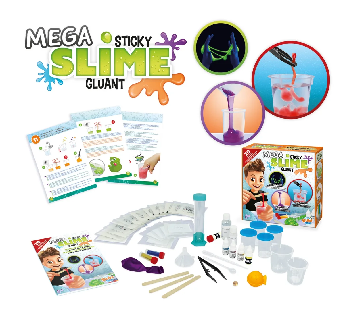 Buki Mega Sticky Slime kit showing all components including pre-dosed sachets, coloured powders, glitter, phosphorescent powder, beakers, pipette, tweezers, stirrers and instruction sheet for 20 slime experiments