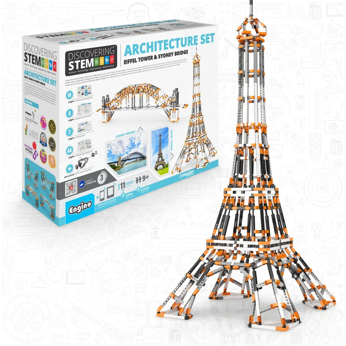 Engino Discovering STEM Architecture Set box showing the completed orange and white Eiffel Tower model, featuring triangulated lattice construction
