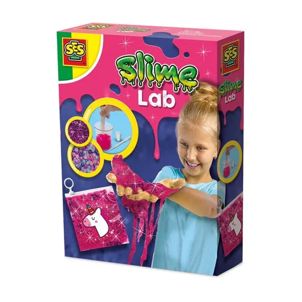 The SES Creative Unicorn Slime Lab kit, showing the box, slime making materials, and a girl holding a vibrant pink glittery slime creation.