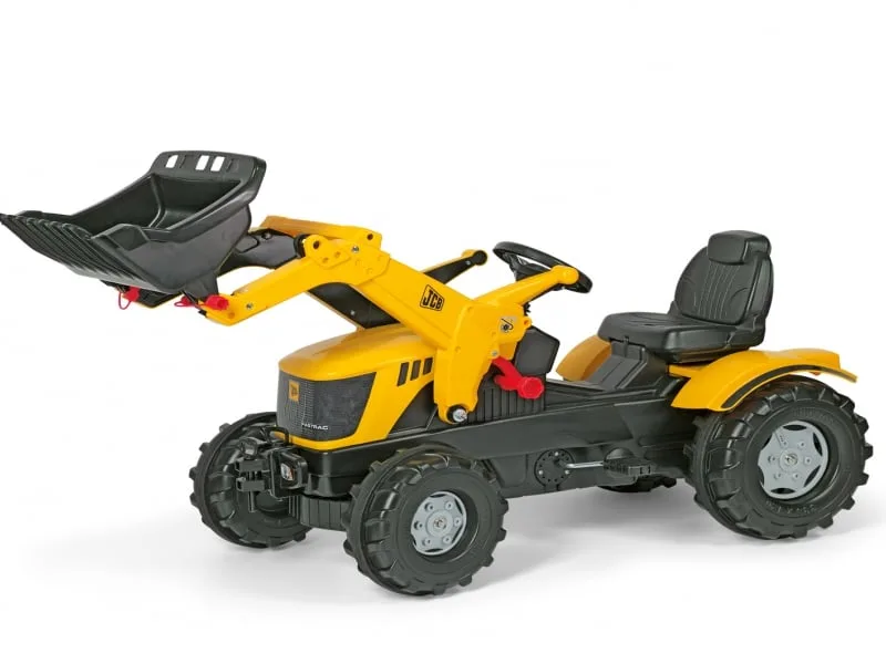Rolly Toys Farmtrac JCB 8250 V-Tronic yellow and black pedal tractor with working frontloader raised, for children aged 3 to 8 years