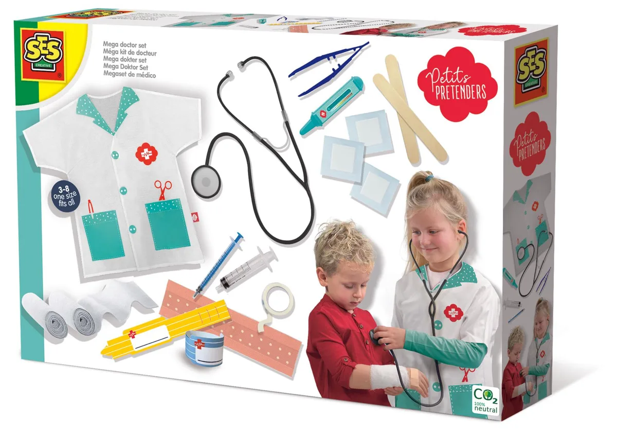 The SES Petits Pretenders Mega Doctor Set, including a doctor's coat, a real working stethoscope, and a wide range of play medical accessories.