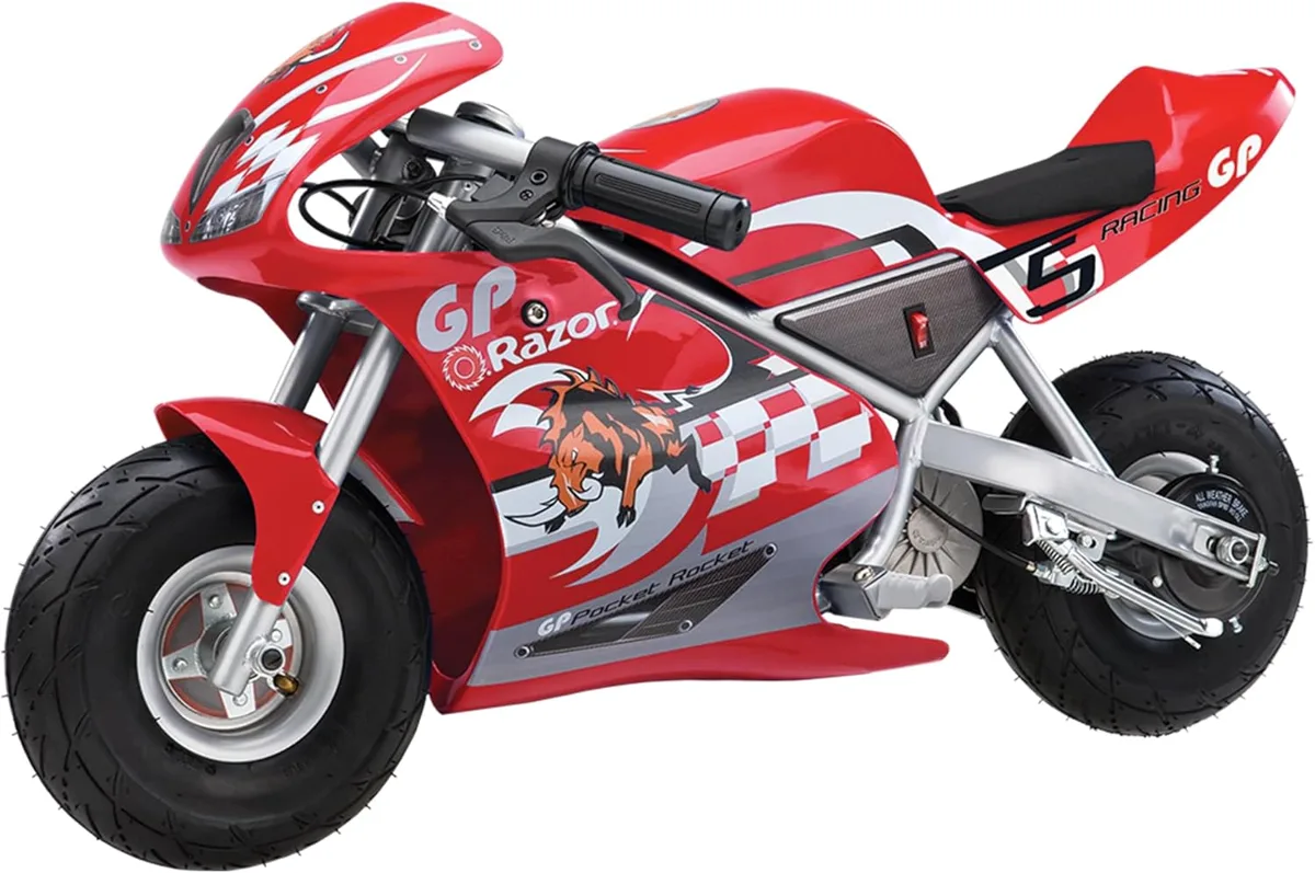 Razor GP Pocket Rocket 24V electric mini bike in red with racing fairings, bull graphics, 10-inch pneumatic tyres, for ages 13 and over