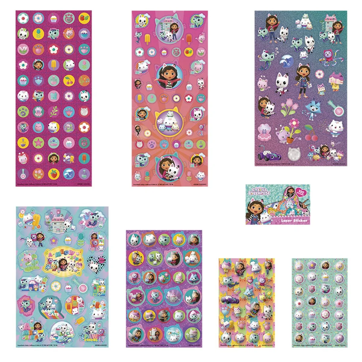 An assortment of seven different sticker sheets from the Totum Gabby's Dollhouse super sticker set, featuring various characters.