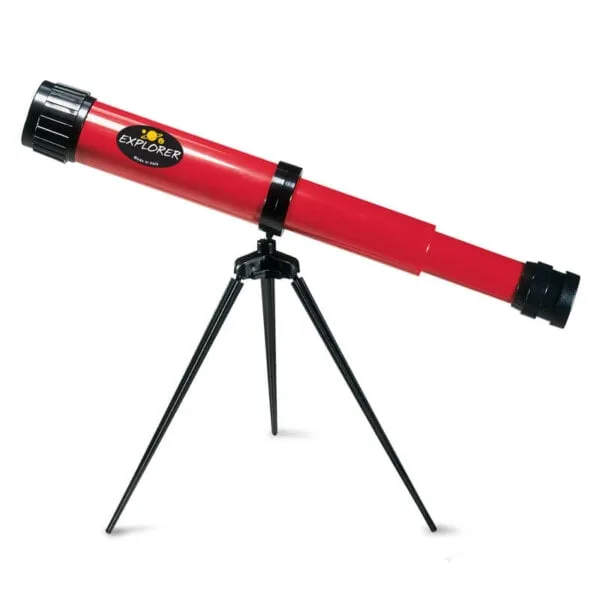 Navir Explorer Telescope 15-25x35 in red with black tabletop tripod, showing adjustable eyepiece and 35mm objective lens, suitable for ages 6 and over