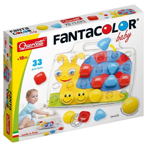 Quercetti Fantacolor Baby mosaic pegboard set product box front showing snail template, 33 pieces, made in Italy