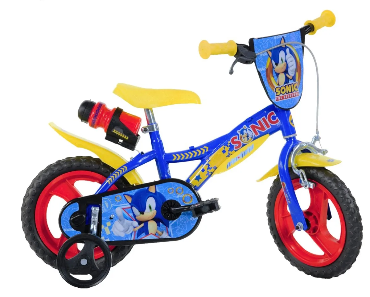 Dino Bikes Sonic the Hedgehog 12 inch kids bicycle in blue, yellow and red with MAG wheels, stabilisers, front shield and drinks bottle