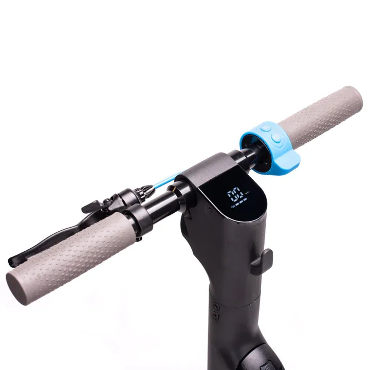 Close-up of Riley RS2 handlebar with LCD display showing speed and battery level on the blue control interface