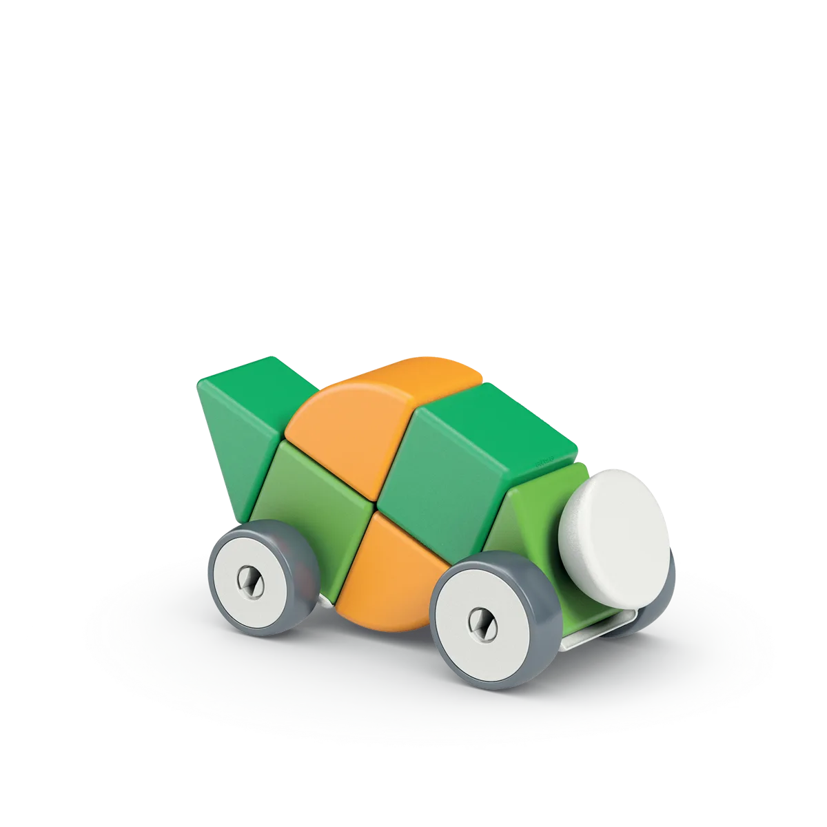 Green and orange Geomag Magicube magnetic building blocks assembled into a rolling vehicle with grey wheels on a white background