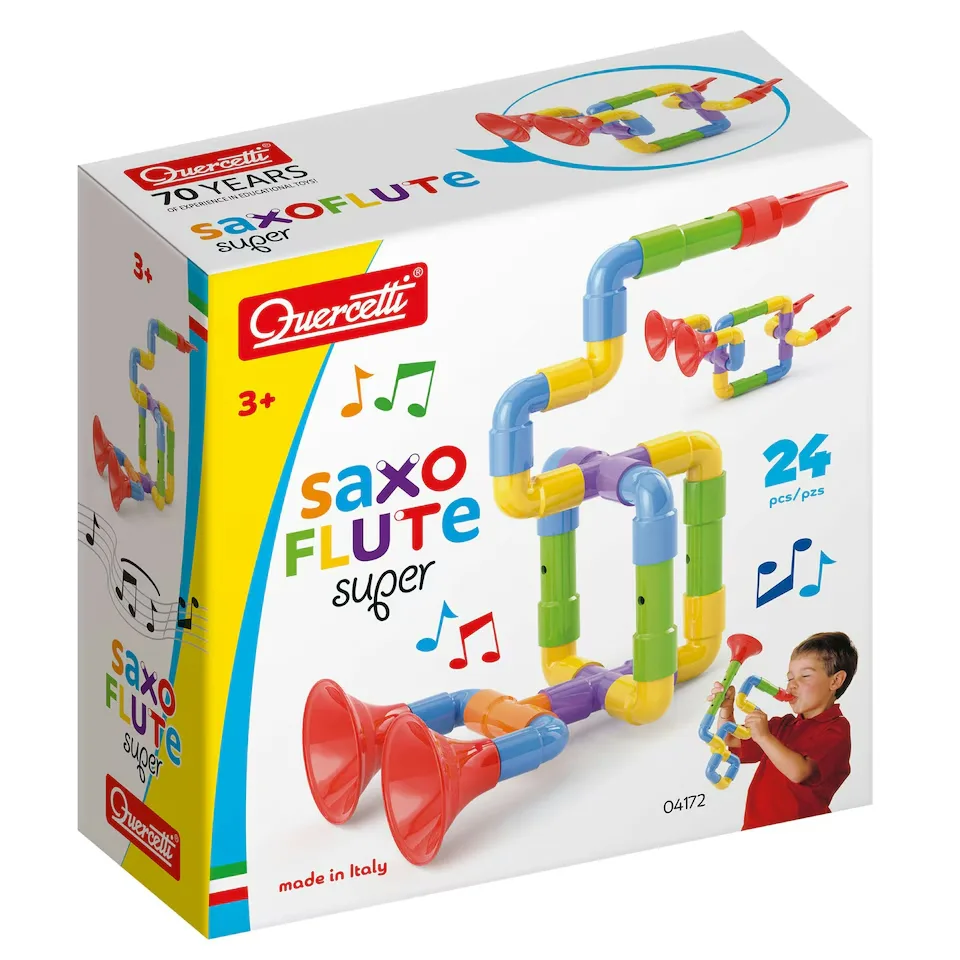 Assembled Quercetti Super Saxoflute showing colourful red, blue, yellow, green and purple tube wind instrument built from 24 interlocking ABS plastic pieces