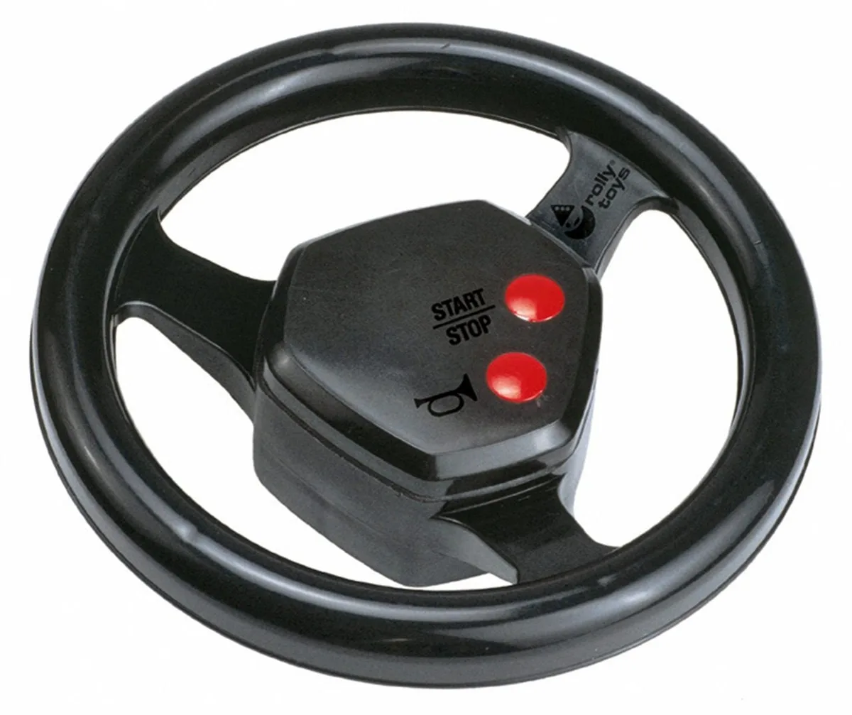Rolly Toys black electronic steering wheel with two red sound buttons for start/stop and horn, for pedal tractors, on white background