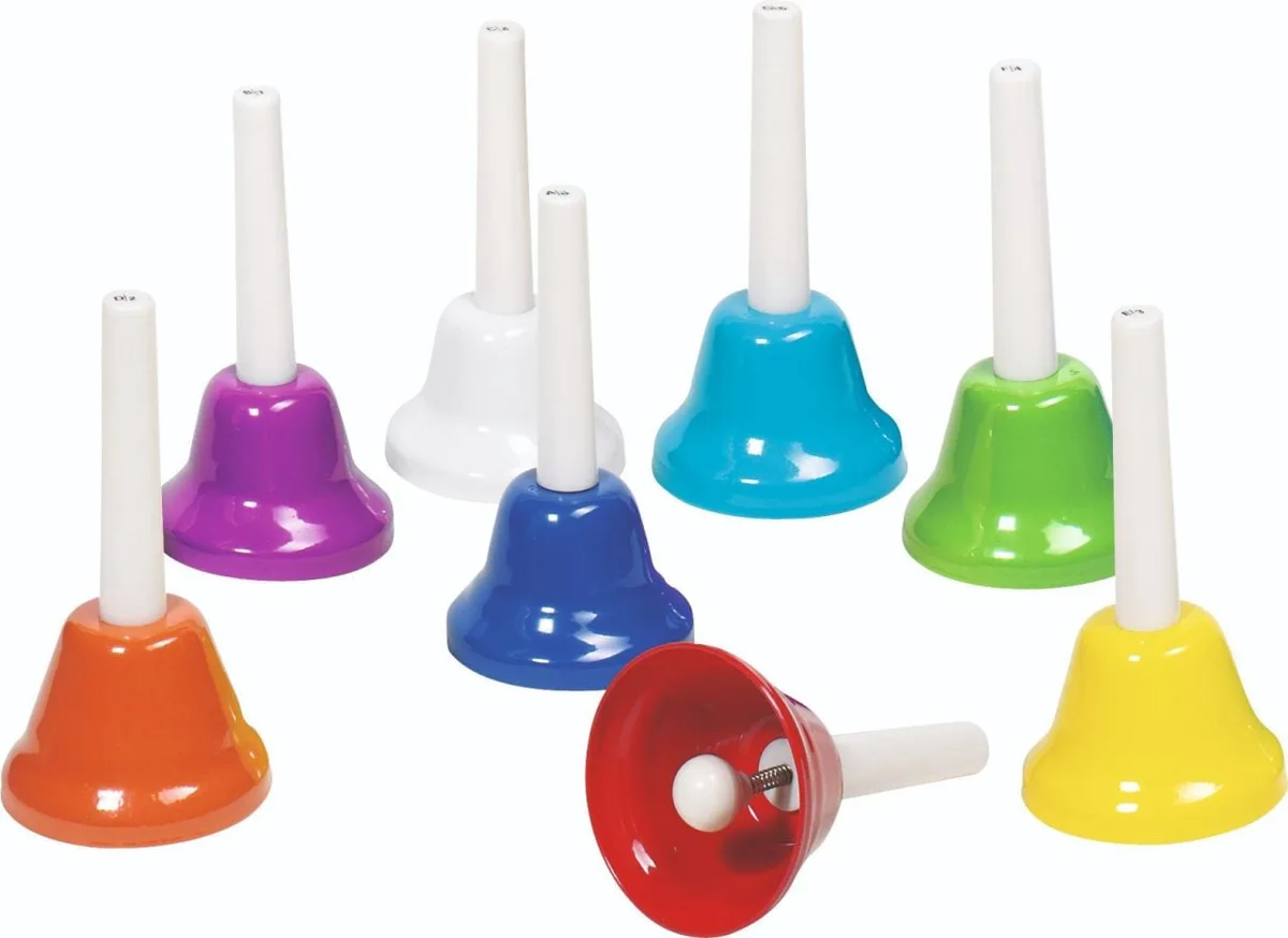 Goki Rainbow Handbell Set showing all 8 colour-coded tuned metal handbells in orange, purple, white, blue, red, teal, green, and yellow