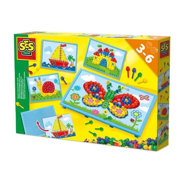 The SES Creative Mosaic Board with Cards set, showing the pegboard, colourful pegs, and example picture cards like a butterfly and a castle.