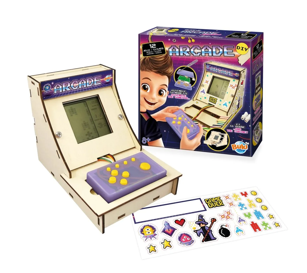 Buki DIY arcade cabinet kit showing the assembled wooden retro gaming machine with LCD screen, purple joystick controller, pixel-art sticker sheets, and product box.