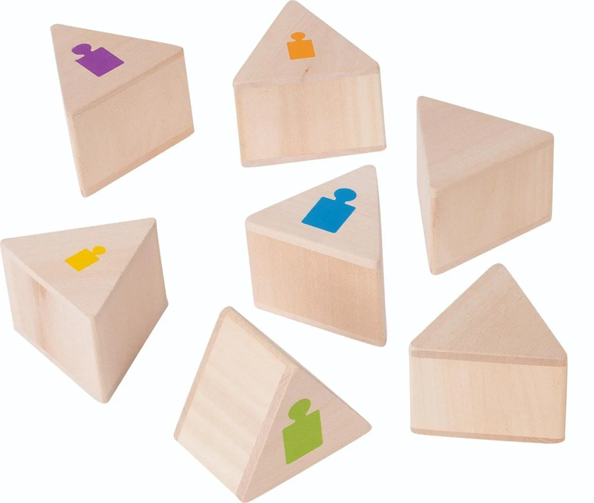 A collection of triangular wooden blocks from the Goki Weight Memo Game, each with a different coloured weight symbol on top.