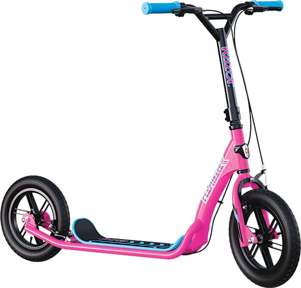 Razor FlashBack big wheel kick scooter in pink with 12-inch pneumatic mag wheels and BMX-style riser handlebars, side view on white background