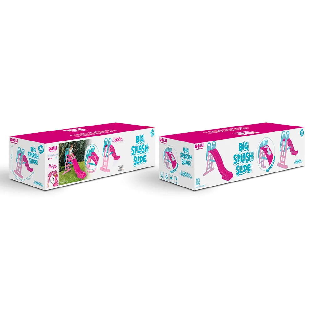Dolu Unicorn Big Splash Slide product box showing assembled dimensions, age 36 months plus and water play feature