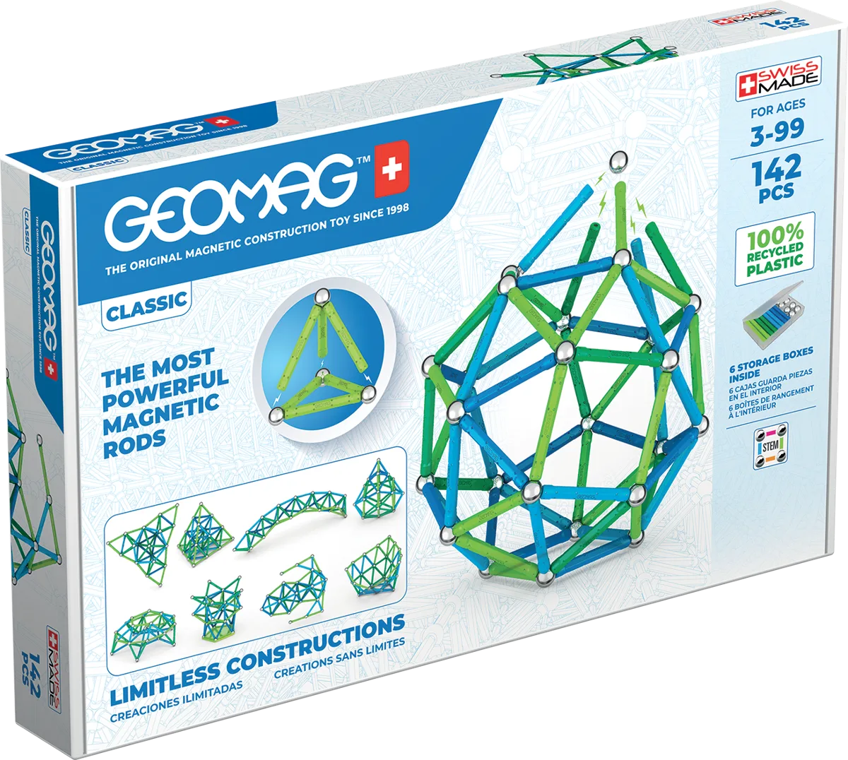 Geomag Classic 142 piece magnetic construction set box showing blue and green rods, steel spheres and geodesic dome build, ages 3 to 99