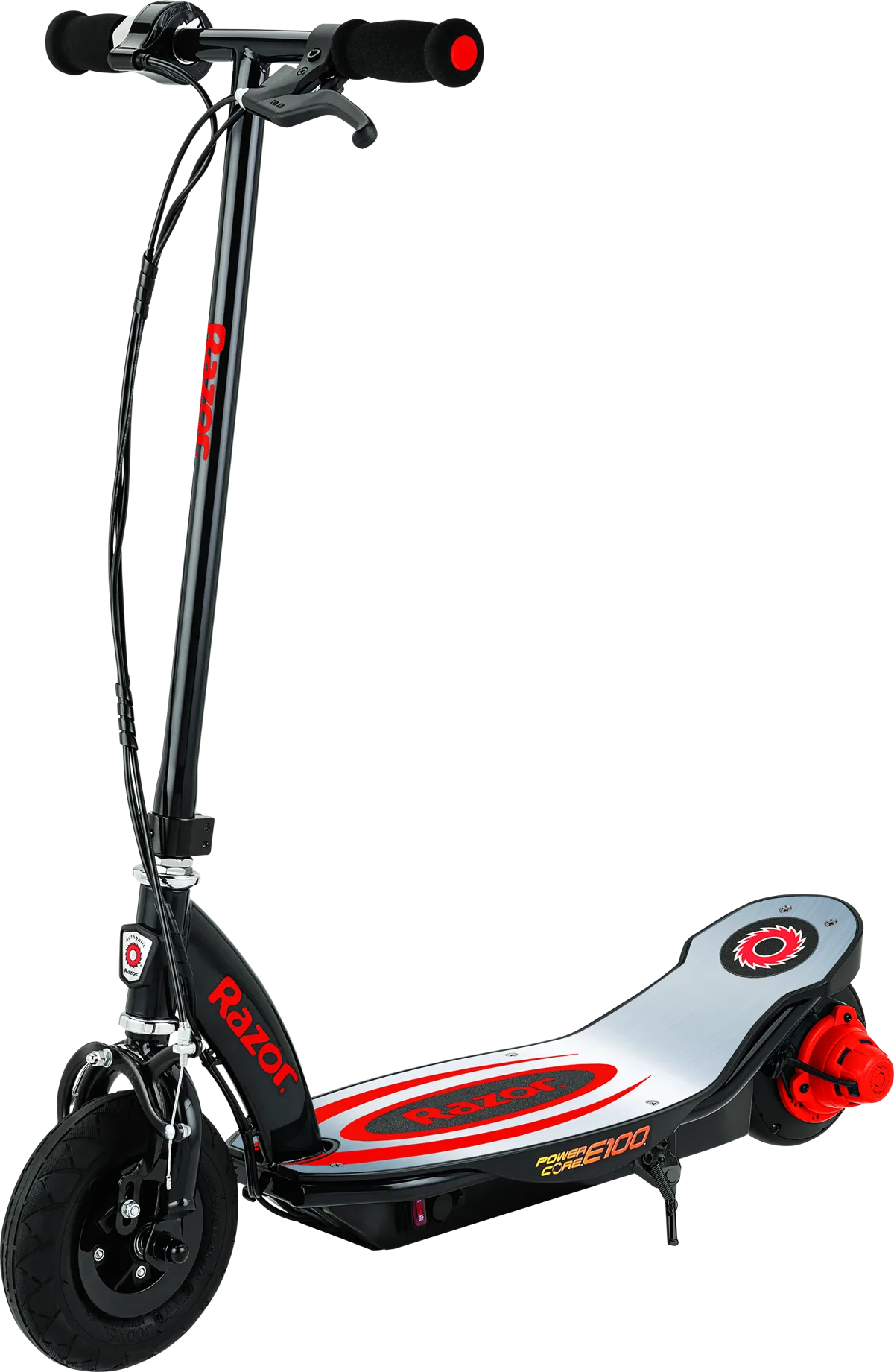 Razor Power Core E100 electric scooter in red and black with aluminium deck, pneumatic front tyre and twist-grip throttle, on white background