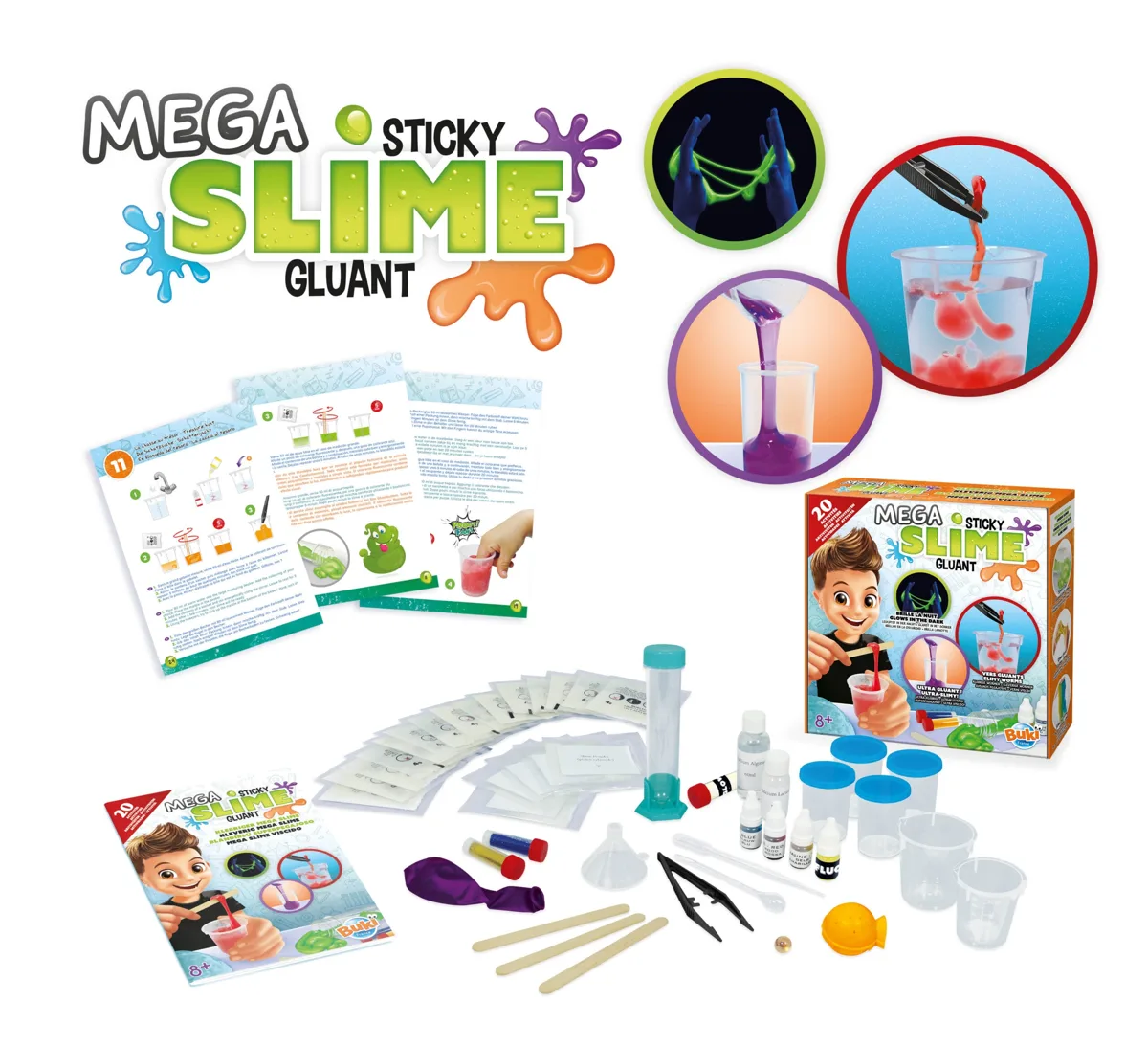 Buki Mega Sticky Slime kit showing all components including pre-dosed sachets, coloured powders, glitter, phosphorescent powder, beakers, pipette, tweezers, stirrers and instruction sheet for 20 slime experiments