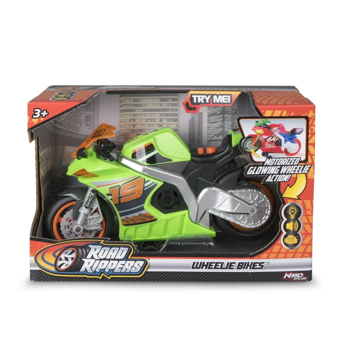 Nikko Road Rippers Wheelie Bikes Nitro Race Bike in green with #19 decals shown in retail box, age 3 plus