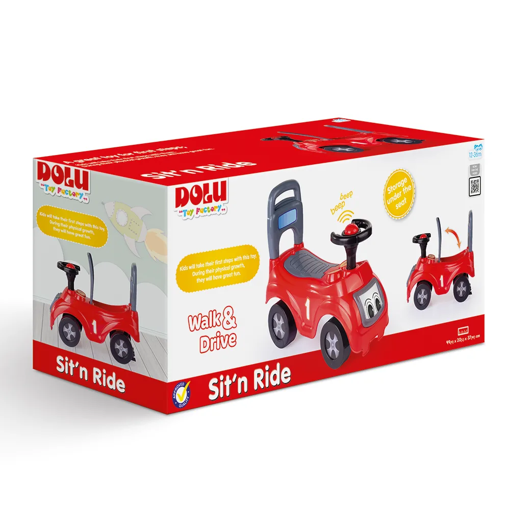 Dolu Sit n Ride Car red 8020 packaging showing Walk and Drive foot to floor ride-on with horn and under-seat storage, ages 12-36 months