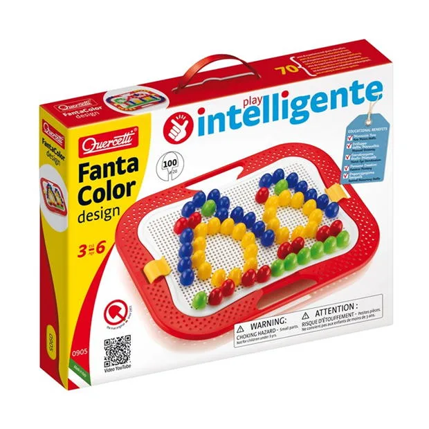 Quercetti Fantacolor Design 0905 peg art set box showing the red pegboard frame and 100 colourful pegs, for ages 3 to 6