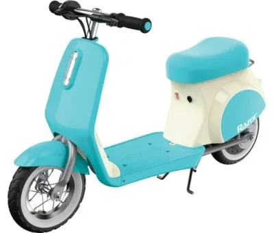 Razor Pocket Mod Petite electric scooter in two-tone petite blue and cream, with 10-inch whitewall tyres and padded seat, on white background