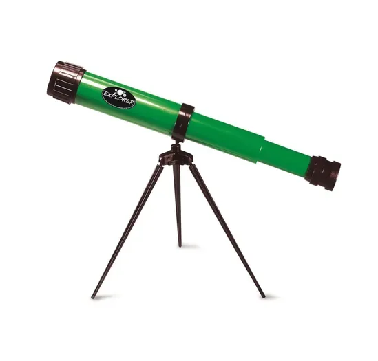 Navir Explorer Telescope 15-25x35 in green with black tabletop tripod, showing the focus barrel and objective lens, for ages 6 and up