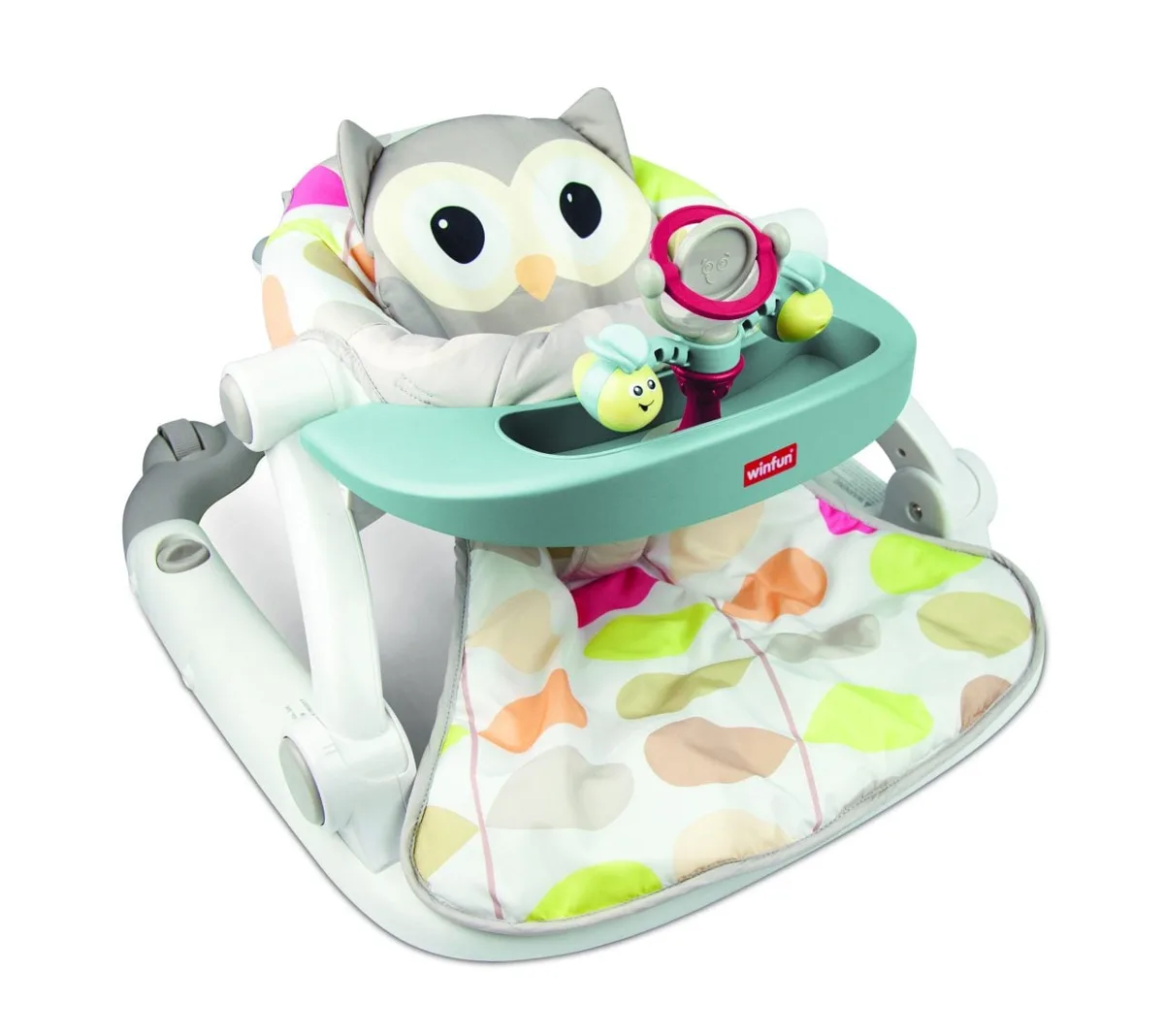WinFun Sit-To-Walk Activity Centre Owl design with interactive tray, spinning bee suction toy, mirror and padded seat, shown on white background