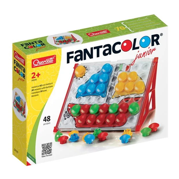 Quercetti Fantacolor Junior Basic set box front view showing colourful chunky buttons on transparent pegboard with triangular red stand