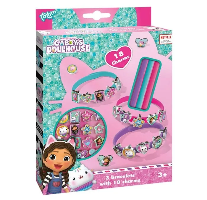 The box for the Gabby's Dollhouse Bracelets & Charms set, showing the three coloured bracelets and the 18 different character charms.