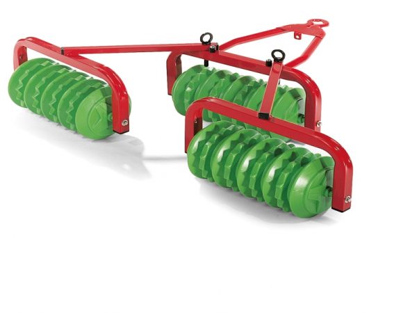 Rolly Green Triple Cambridge Roller. Image showing product, red and green rollers to be attached to toy tractors and trucks.