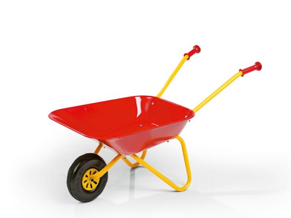 Rolly Wheelbarrow (Ages 2+) - Red Metal Wheelbarrow with Rubber Hand Grips.