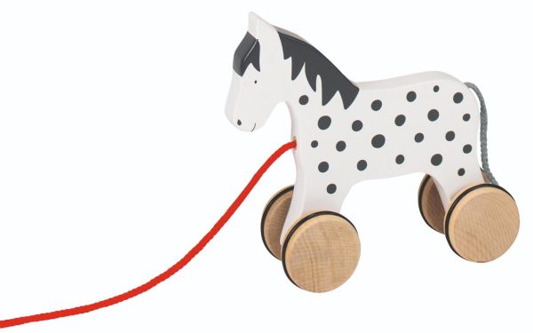 Pull-along animal, horse Alvah. Image of toy pull along horse, with black spots and a white, wooden coat.