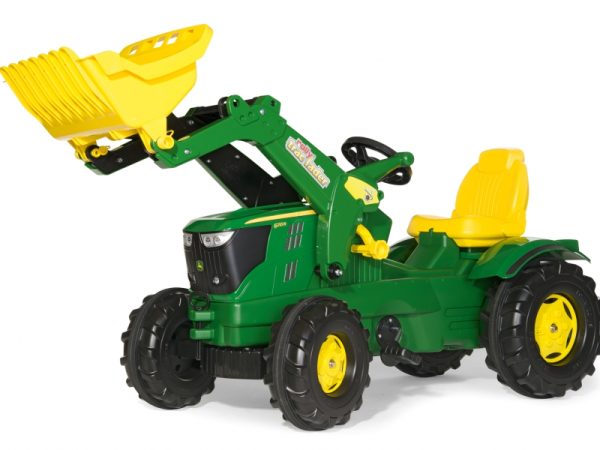 Rolly Farmtrac - John Deere 6210R Tractor & Frontloader (Ages 3-8). Green & Yellow toy tractor, with raised frontloader.