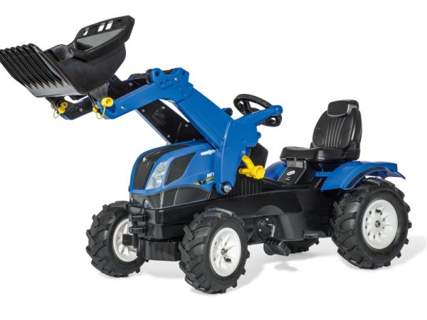 Rolly Farmtrac - New Holland T7 Tractor: Frontloader & Pneumatic Tyres (Ages 3-8). Blue toy tractor, featuring frontloader raised in the air - and pneumatic tyres.