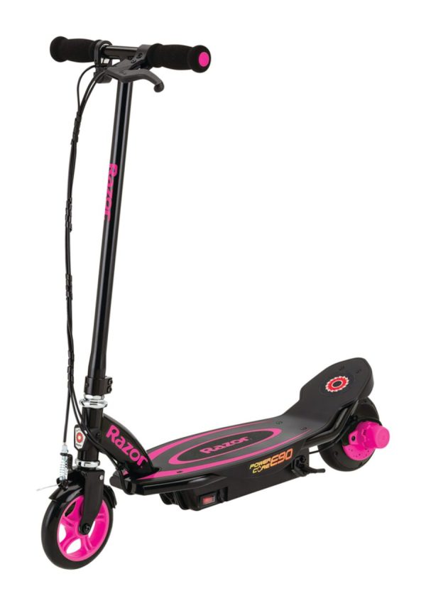 Razor Power Core E90 12 Volt Scooter - pink. product image of black & pink electric scooter.