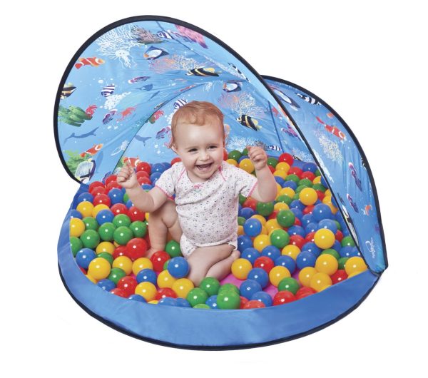 Blue Tent and 50 Balls - Children's play tent with multicoloured balls, perfect for summer fun. Child playing within ball pit.