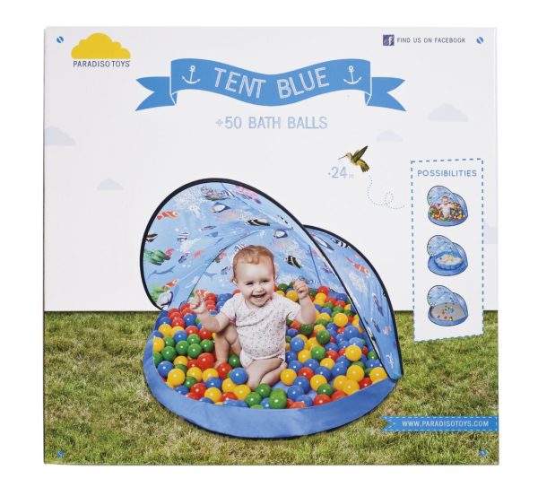 Blue Tent and 50 Balls. Image displaying the packaging of the product, and the box.