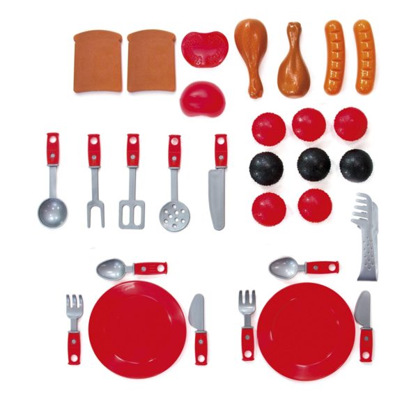 Toy BBQ Party Set. Product image showing the contents of the BBQ set; cutlery, plates and toy food.