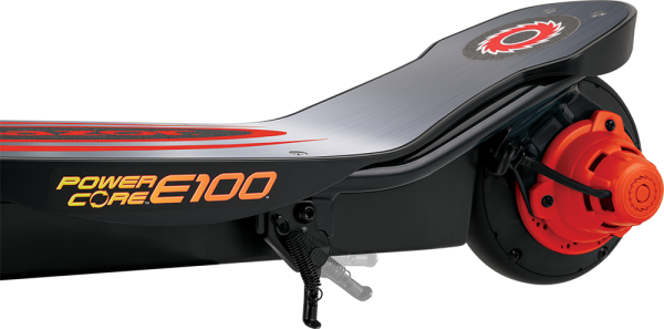 Razor E100 Electric Scooter (Red) - kickstand, product image.