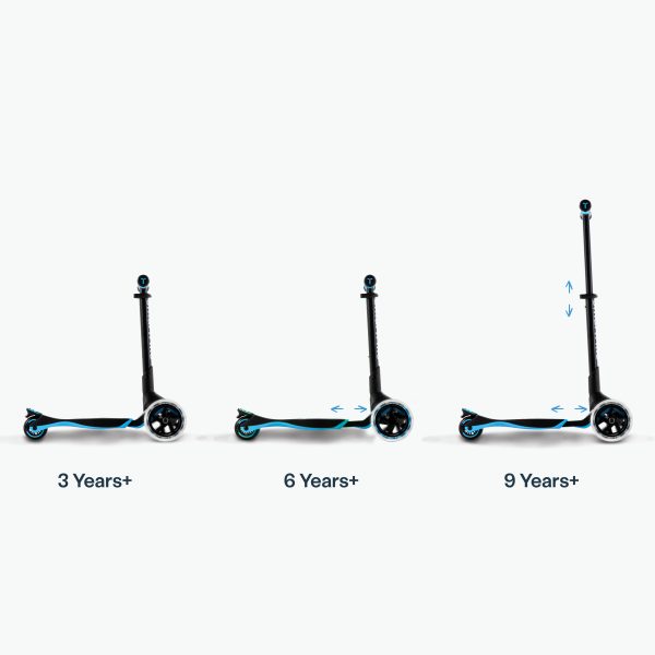 Xtend Scooter - Blue - image displaying the 3-stage extension of the scooter.