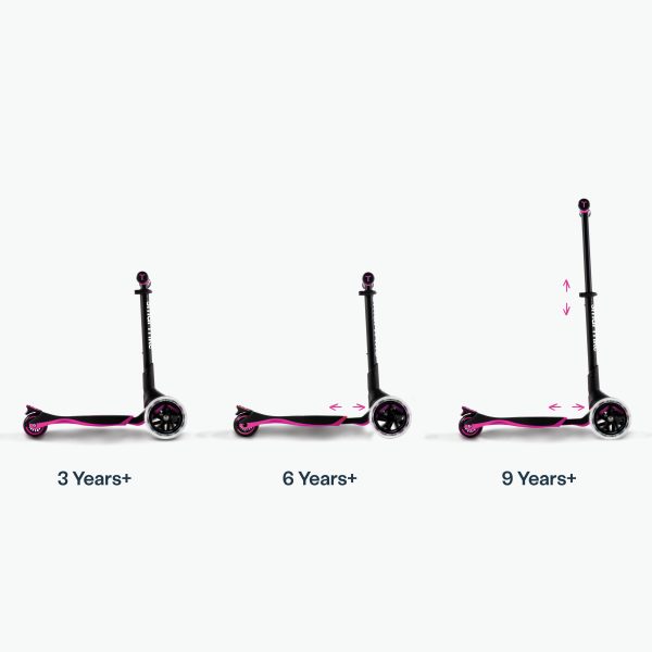 Xtend Scooter - Pink 0 image showing the 3-stage extension of the scooter.