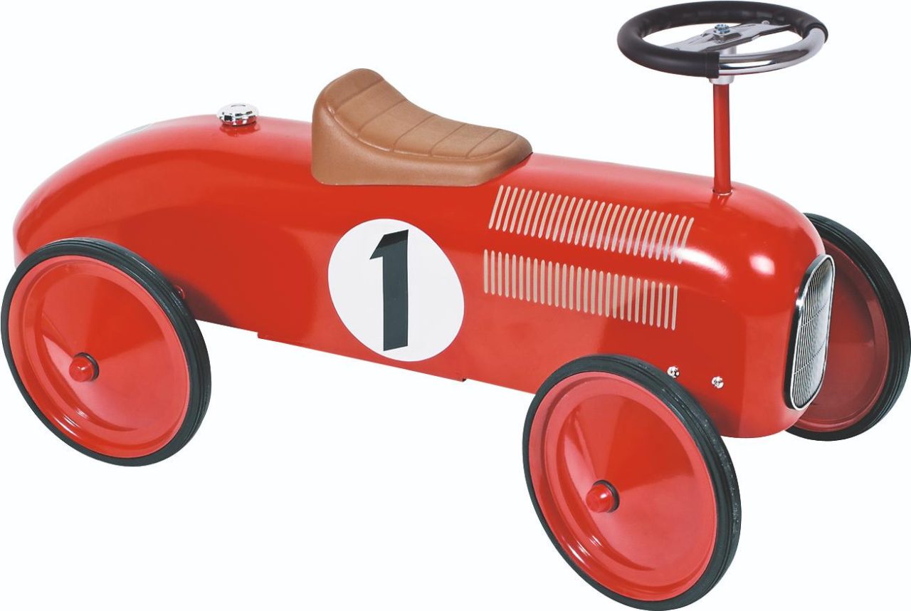 The Goki Classic Ride-on Racer, a red vintage-style metal toy car with the number 1 on the side.